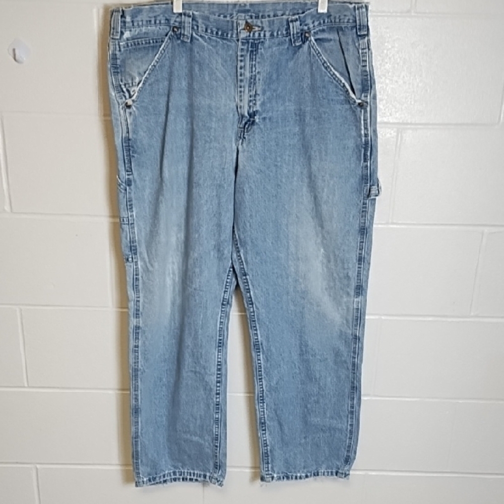 Well-worn Relaxed Fit Broke in Distressed Blue Utility Dungaree Jeans